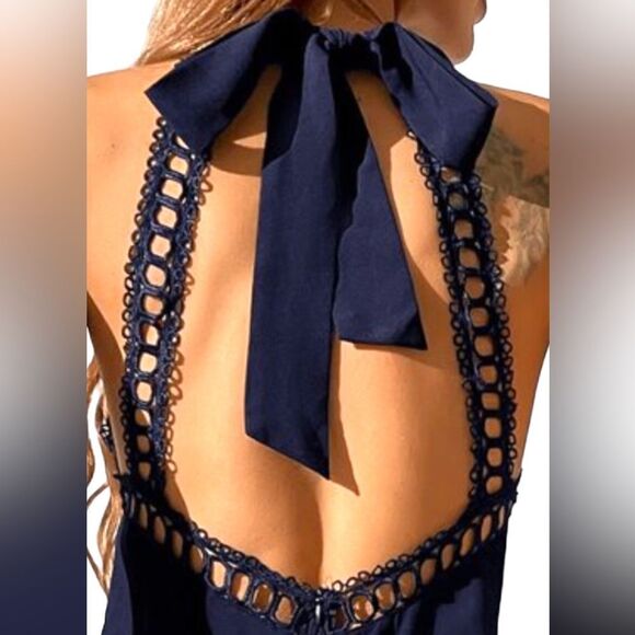 SHEIN NEW LACE PANEL TIE BACKLESS HALTER DRESS NAVY BLUE SIZE 6 - Picture 3 of 5